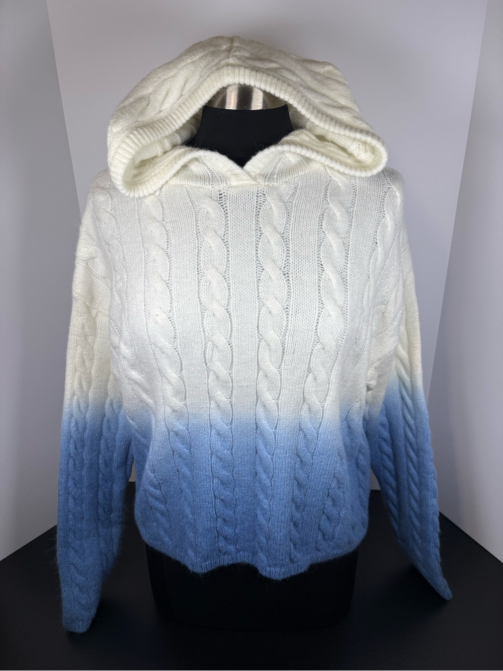 Francesca's Collections Ombre Cable-Knit Hooded Sweater in White and Blue